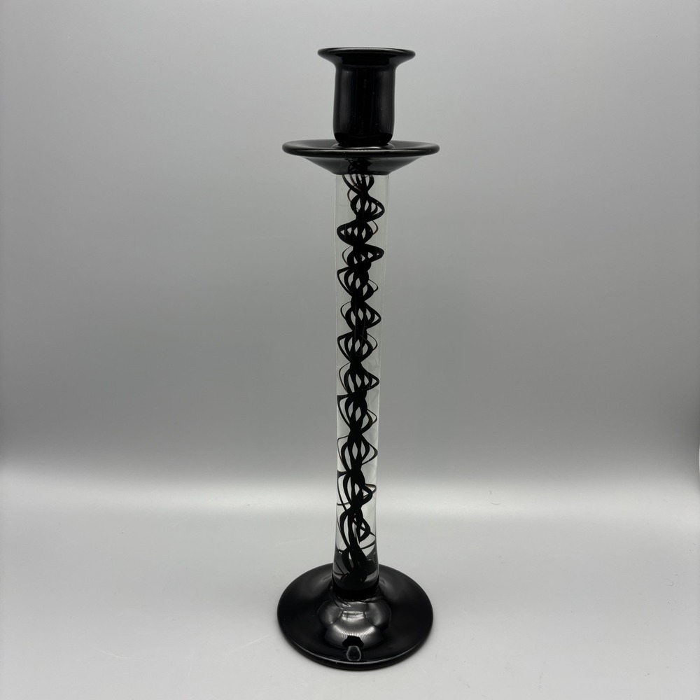Murano (?) Glass Candlestick Handblown Helix‎ Air Twist Design Black Glass